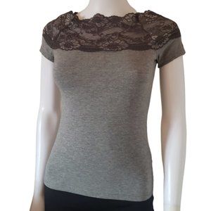 H&M Fitted Top Gray With Black Lace Size XS